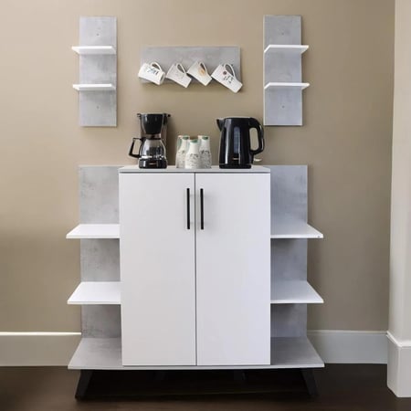 ركن قهوة خشبي للمنزل 3 ادراج وارفف خشب ماليزي لون بني غامق ورصاصي