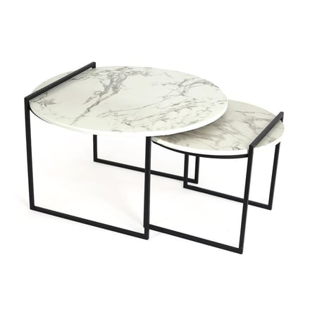 طقم طاولتين قهوة دائري خشب لون ابيض قاعدة معدن لون اسود