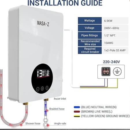 سخان مياه فوري 220 فولت 8500 واط بدون خزان، سخان مياه ساخن كهربائي فوري بدون خزان للحمام المنزل يسخان فوري يتمتع بأهم ميزة وهي الأمان التام بسب الحساسات الأصلية و الجودة و الضمان سنتين أستبدال . مع شاشة حجم كبير بتحكم لمس . المأخذ نحاس .و الأسلاك 6 ميلي .