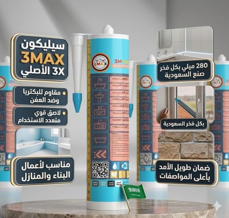 سيلكون 3MAX 3X الأصلي . مقاوم للبكتريا وضد العفن . لاصق قوي متعدد الاستخدام . مناسب لأعمال البناء والمنازل . 280 ميلي بكل فخر صنع السعودية بأعلى المواصفات . ضمان طويل الأمد