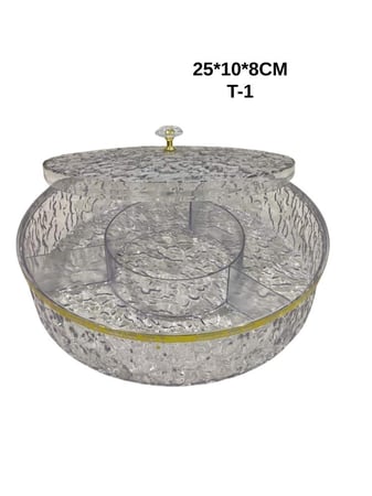 طبق تقديم اكريليك فاخر شفاف بغطاء – مقسمة لحلويات ومكسرات -25*10*8 سم