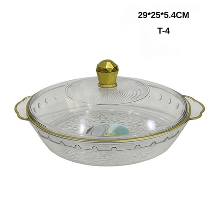 طبق تقديم أكريليك شفاف بغطاء ومقابض ذهبية