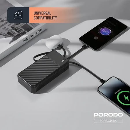باور بنك Porodo Piano بسعة 20000mAh مع كابلات مدمجة - أسود