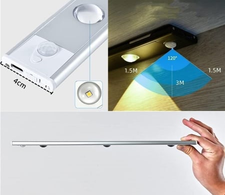 مصباح اضاءة ابيض ليد بمستشعر حركة بطول 40 سم قابل للشحن ضوء ليلي رفيع للغاية، لخزانة الملابس والمطبخ ورف الكتب وخزانة العرض وخزانة المشروبات