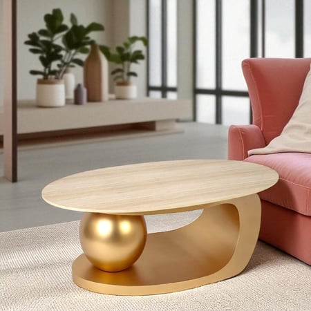 طاولة قهوة بتصميم حديث صاج مع كرة رخام لون ذهبي وسطح بديل رخام شبية الترافنتينو لون ذهبي