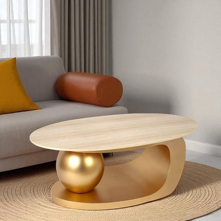 طاولة قهوة بتصميم حديث صاج مع كرة رخام لون ذهبي وسطح بديل رخام شبية الترافنتينو لون ذهبي