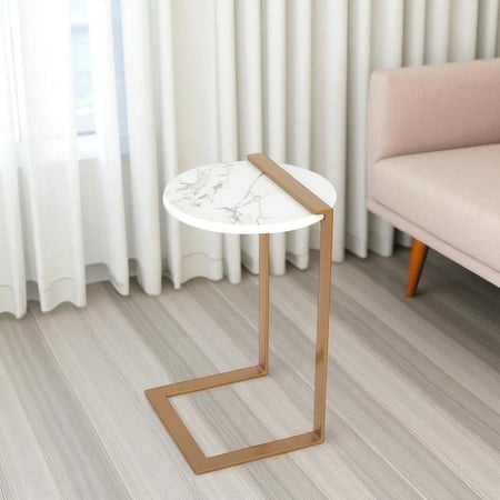 طاولة خدمة شكل دائري سطح خشب رخام لون أبيض وقواعد حديد لون ذهبي