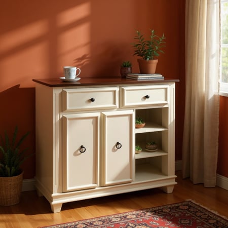 ركن قهوة خشبي أوف وايت بسطح بني غامق وأرفف تخزين