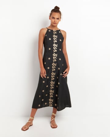 SLEEVELESS CHARCOAL/ GOLD FLOWERS