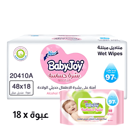 كرتون بيبي جوي للبشرة الحساسة مناديل مبللة غير معطرة 18 عبوة كل عبوة 48 منديل