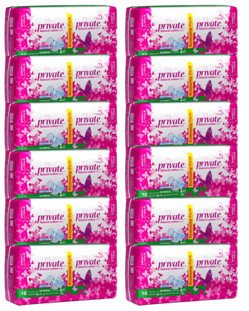 كرتون برايفت فوط صحية رقيقة جدا حجم عادي بالأجنحة 18 حبة بالعبوة الواحدة 12عبوة بالكرتون