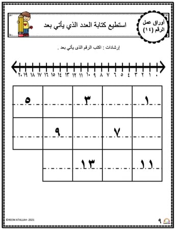 اوراق عمل الاعداد العربية للاطفال رقم  اربعة عشر (14) جاهزة للطباعة  pdf