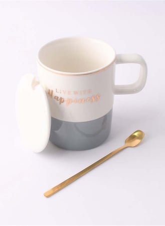كوب قهوة سيراميك بألوان متنوعة مع غطاء وملعقة ذهبية اللون
