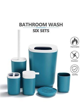 طقم اكسسوارات حمام من 6 قطع-أزرق/أبيض