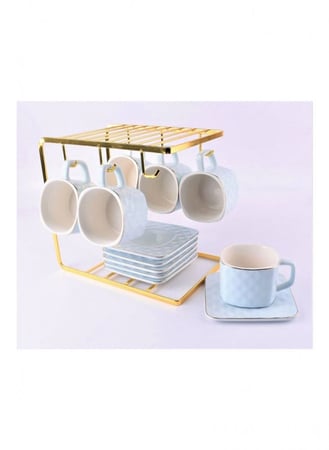 طقم اكواب قهوة سيراميك فاخرة مع أطباق وحامل تجفيف 13 قطعة