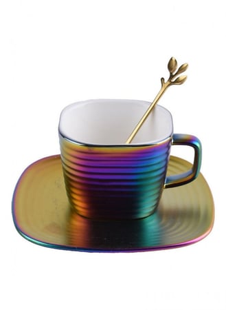 كوب قهوة سيراميك بألوان زاهية جذابة مع طبق تقديم وملعقة