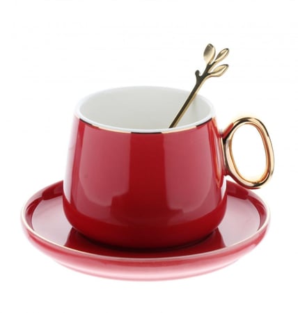 كوب قهوة بورسلان فاخر مع الصحن وملعقة ذهبية
