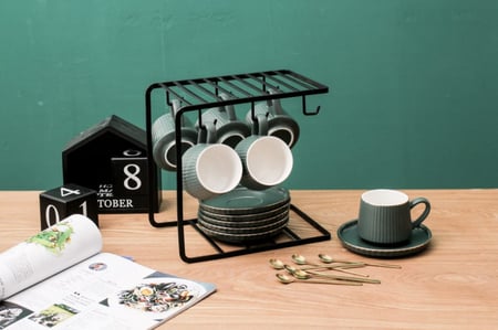 اكواب قهوة سيراميك بألوان هادئة مع أطباق وحامل تجفيف 13 قطعة