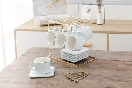 طقم اكواب قهوة سيراميك فاخرة مع أطباق وحامل تجفيف 13 قطعة