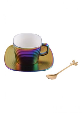 كوب قهوة سيراميك بألوان زاهية جذابة مع طبق تقديم وملعقة