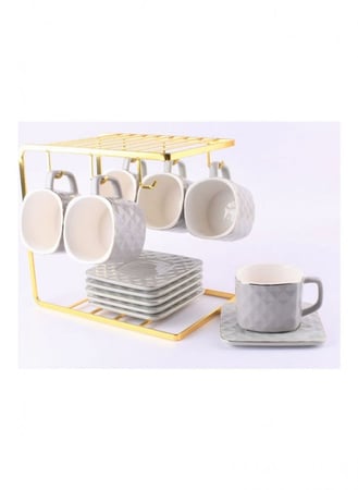 طقم اكواب قهوة سيراميك فاخرة مع أطباق وحامل تجفيف 13 قطعة