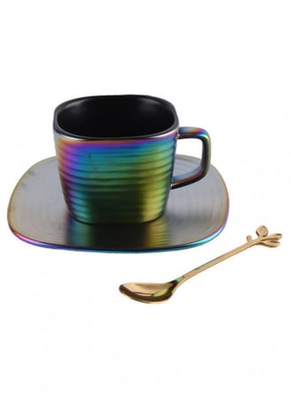 كوب قهوة سيراميك بألوان زاهية جذابة مع طبق تقديم وملعقة