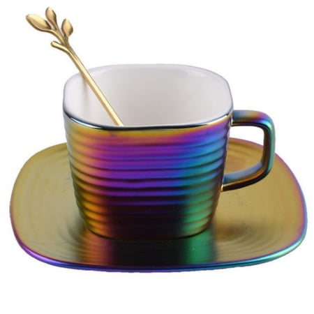 كوب قهوة سيراميك بألوان زاهية جذابة مع طبق تقديم وملعقة