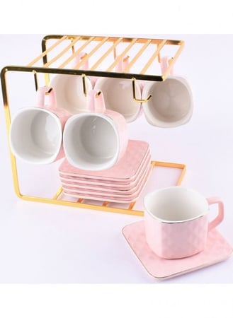 طقم اكواب قهوة سيراميك فاخرة مع أطباق وحامل تجفيف 13 قطعة