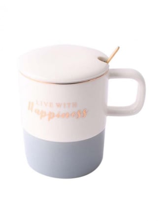 كوب قهوة سيراميك بألوان متنوعة مع غطاء وملعقة ذهبية اللون