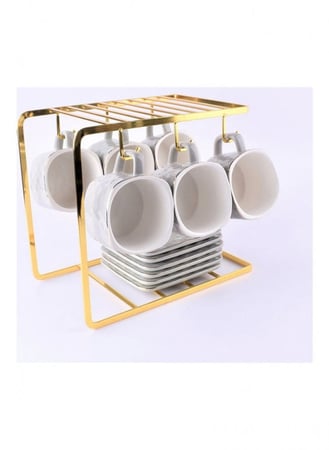 طقم اكواب قهوة سيراميك فاخرة مع أطباق وحامل تجفيف 13 قطعة