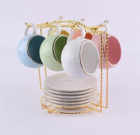 طقم اكواب شاي سيراميك 12 قطعة متنوع الألوان بسعة كبيرة مع حامل مجاني