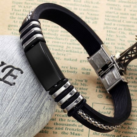 سوار سيليكون ستيل مع جلد للرجال والنساء لون اسود