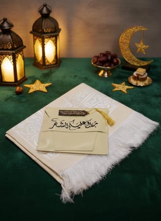 بكج يحتوي على حقيبة جلدية باللون الكريمي مطبوع عليها عبارة رمضانية