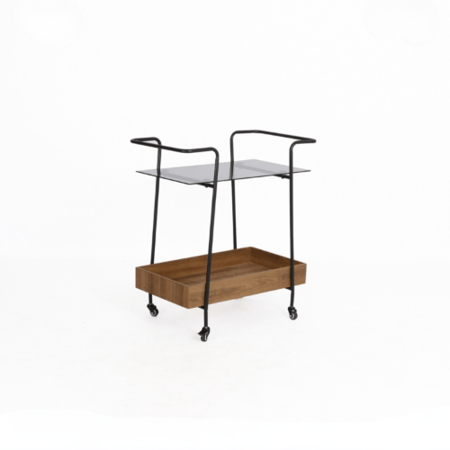 عربة تقديم خشب وحديد بسطح زجاجي