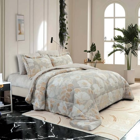 مفرش منال شتوي كوين فرو بيج ورصاصي برسومات الزهور عدد القطع 4