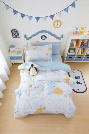 مفرش أطفال تيمون صيفي مفرد ونص أبيض أصفر عدد القطع 5