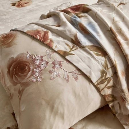 مفرش إشراق صيفي مزدوج قطن تنسل فاخر كريمي وبيج برسومات الزهور عدد القطع 6