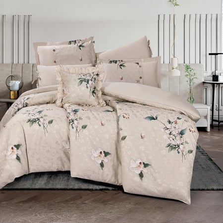 مفرش سبرينج مزدوج قطن فاخر بيج برسومات الزهور عدد القطع 7