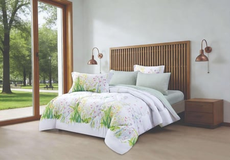 مفرش نوفا صيفي أبيض وأخضر برسومات الزهور