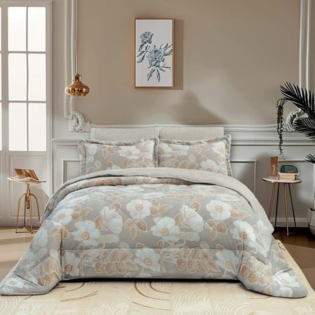 مفرش منال شتوي كوين فرو بيج ورصاصي برسومات الزهور عدد القطع 4