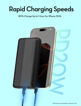 باوربانك بسعة 20000 ملي امبير 20W منفذين تايب سي ومنفذ USB-A من RavPower