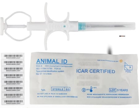 عدد 100 شريحة تعريف إلكترونية داخلية للإبل – مع أداة الحقن (RFID Animal Microchip for Camels)