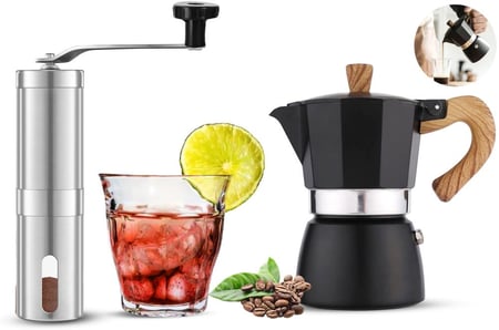 موكا بوت 300 مل مع كوب زجاجي 160 مل ومطحنة قهوة يدوية طقم إسبريسو