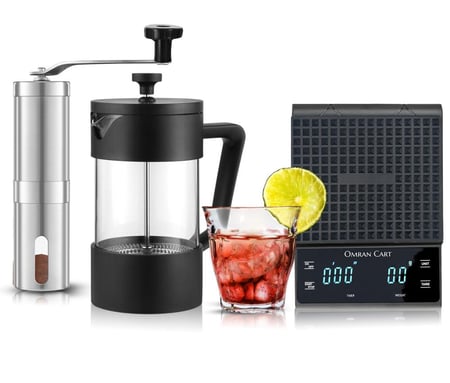 طقم فرنش بريس قهوة مع مطحنة يدوية وميزان وكوب زجاجي 160 مل