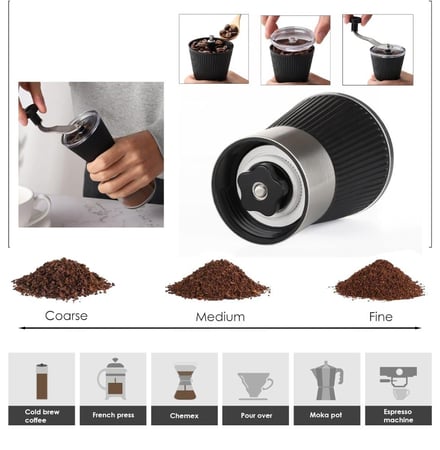 مطحنة قهوة يدوية مع وعاء زجاجي وشفرات سيراميك