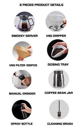 طقم قهوة V60 بالتقطير 8 قطع مع إبريق وقطارة ومطحنة وأدوات تحضير