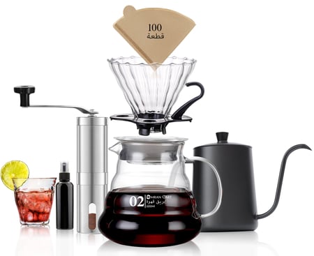 طقم قهوة V60 بالتقطير 7 قطع مع إبريق وقطارة وغلاية ومطحنة وكوب