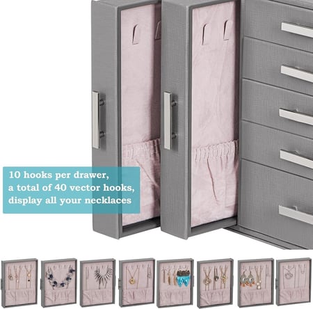 منظم صندوق المجوهرات للنساء والفتيات، صندوق منظم المجوهرات 9 طبقات صندوق مجوهرات للنساء والفتيات صندوق تخزين المجوهرات لجميع القلائد والخواتم والأقراط والساعات رمادي