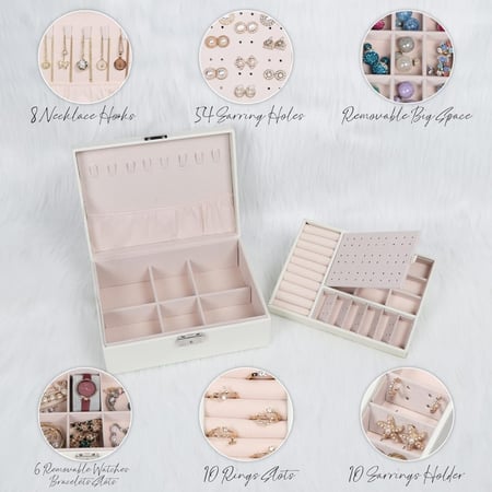 صندوق مجوهرات للنساء والفتيات، حاوية تنظيم المجوهرات بطبقتين مع قفل، حقيبة تخزين من جلد البولي يوريثان، حامل عرض المجوهرات للقلائد والأقراط والأساور والخواتم والساعات