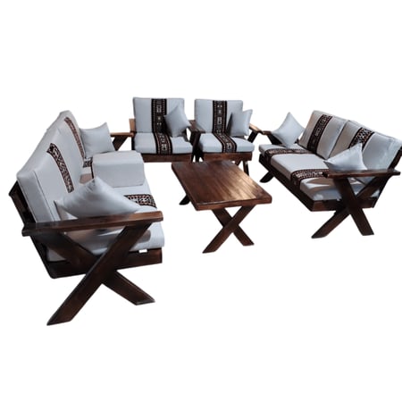 طقم جلسات خارجية من الخشب الأوروبي الطبيعي مكون من كنبه ثلاثيه + كنبه ثنائيه + 2 كرسى + طاوله قهوه - بيج - MS_SET_WD_00025